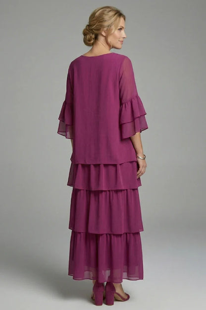 Elegant Tiered Chiffon Fall Wedding Guest Dress for Women with Round Neck Bell Sleeve Ruffle Maxi Style
