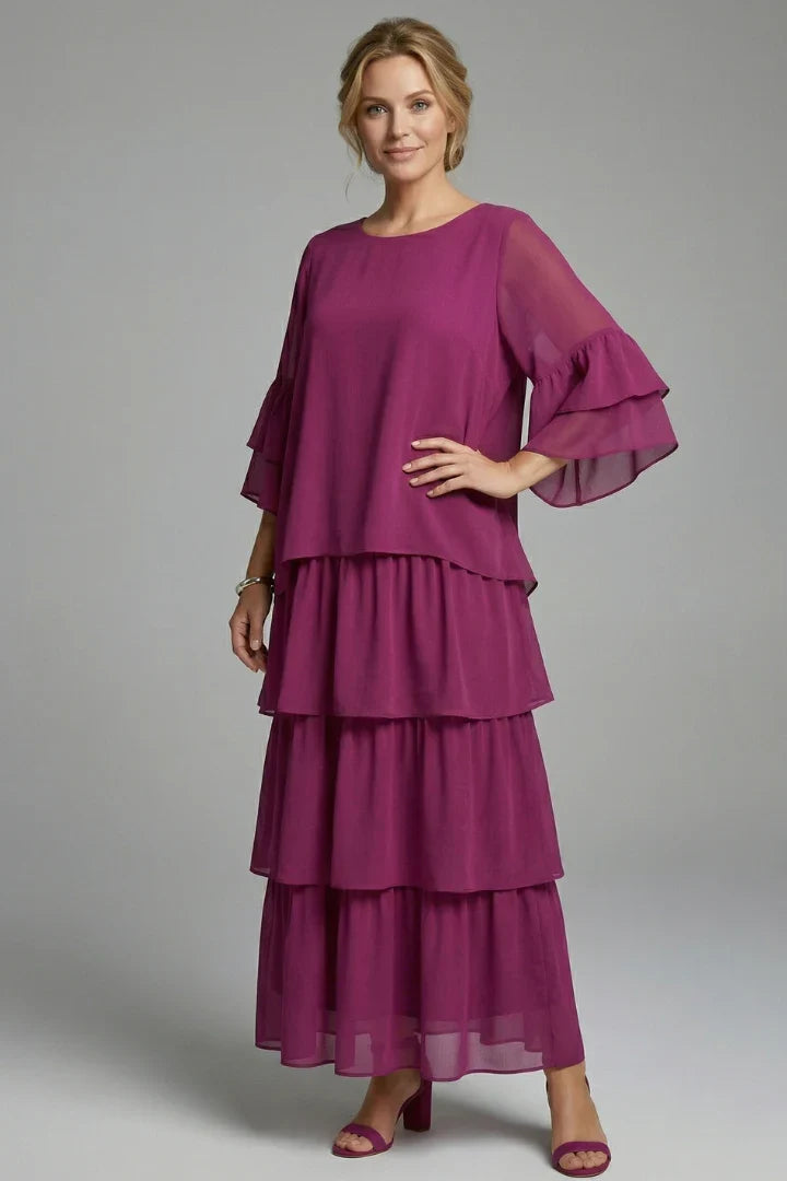 Elegant Tiered Chiffon Fall Wedding Guest Dress for Women with Round Neck Bell Sleeve Ruffle Maxi Style