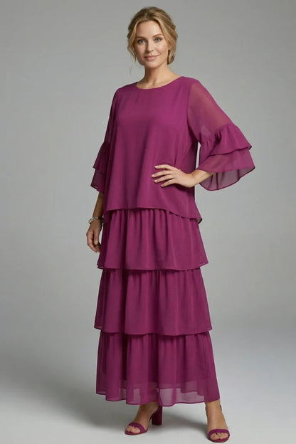 Elegant Tiered Chiffon Fall Wedding Guest Dress for Women with Round Neck Bell Sleeve Ruffle Maxi Style