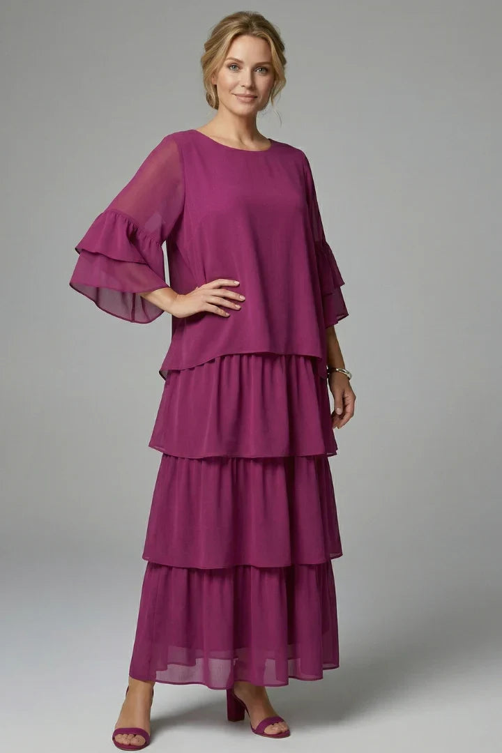 Elegant Tiered Chiffon Fall Wedding Guest Dress for Women with Round Neck Bell Sleeve Ruffle Maxi Style