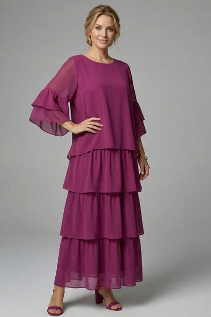 Elegant Tiered Chiffon Fall Wedding Guest Dress for Women with Round Neck Bell Sleeve Ruffle Maxi Style