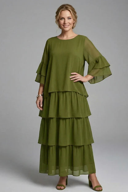 Elegant Tiered Chiffon Fall Wedding Guest Dress for Women with Round Neck Bell Sleeve Ruffle Maxi Style