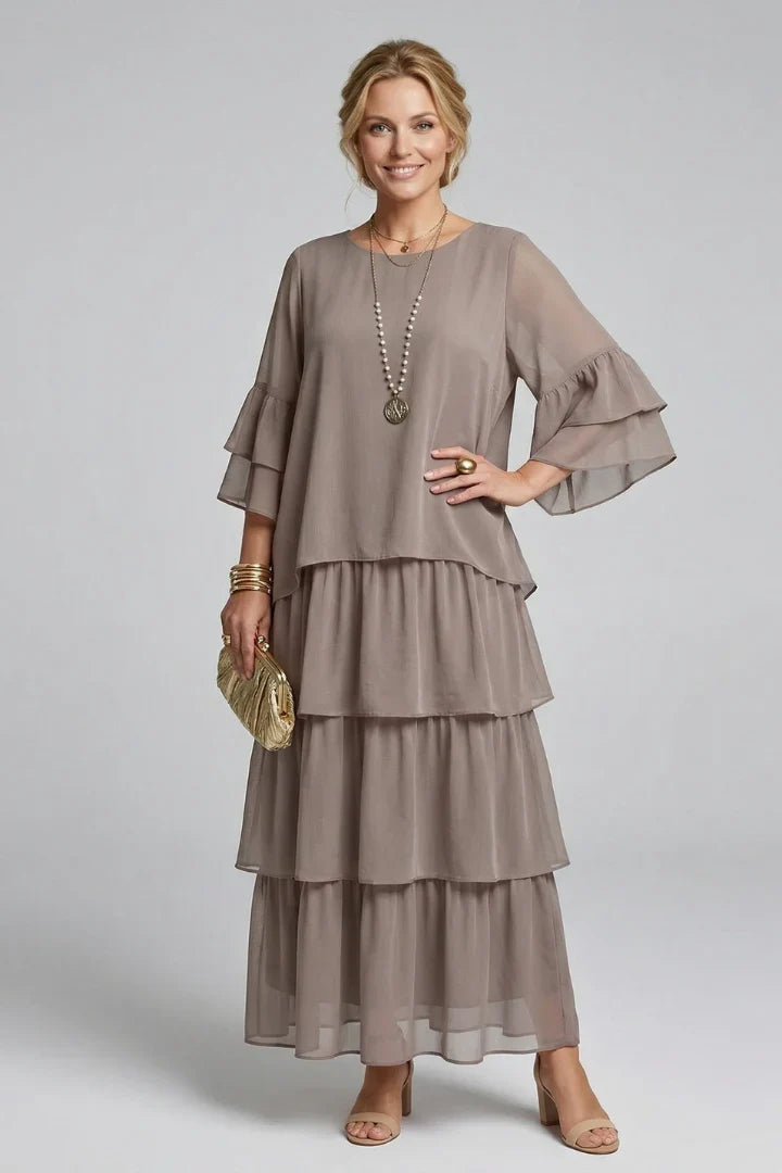 Elegant Tiered Chiffon Fall Wedding Guest Dress for Women with Round Neck Bell Sleeve Ruffle Maxi Style