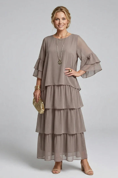 Elegant Tiered Chiffon Fall Wedding Guest Dress for Women with Round Neck Bell Sleeve Ruffle Maxi Style