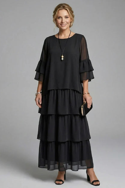 Elegant Tiered Chiffon Fall Wedding Guest Dress for Women with Round Neck Bell Sleeve Ruffle Maxi Style