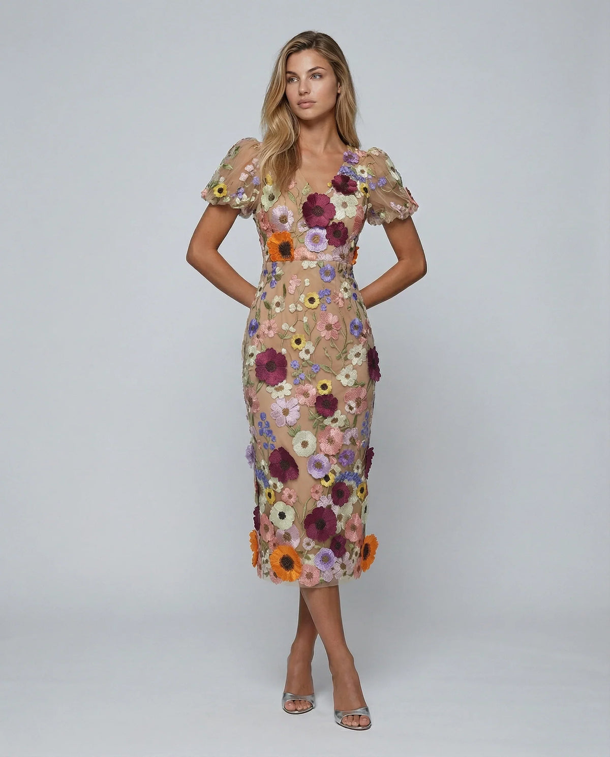 Elegant Floral Fall Wedding Guest Dress for Women with V Neck Puff Sleeve Bodycon Midi Formal Style