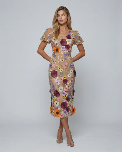 Elegant Floral Fall Wedding Guest Dress for Women with V Neck Puff Sleeve Bodycon Midi Formal Style
