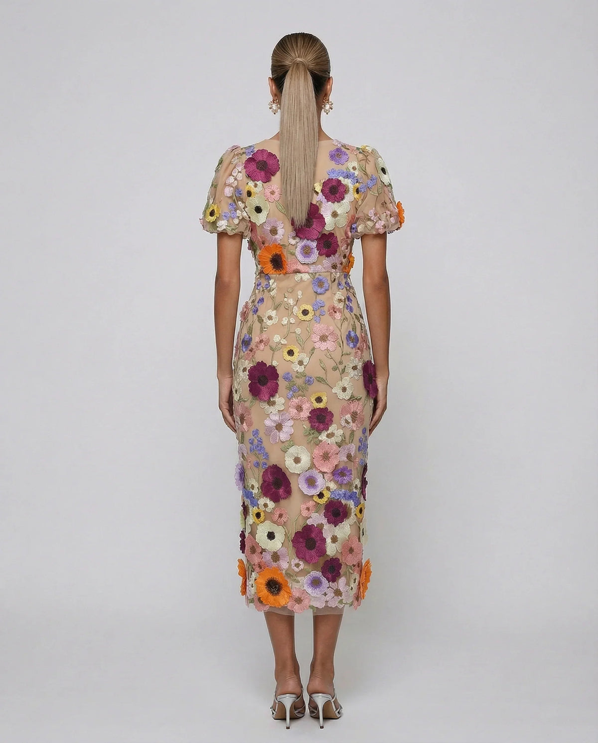 Elegant Floral Fall Wedding Guest Dress for Women with V Neck Puff Sleeve Bodycon Midi Formal Style