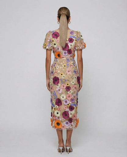 Elegant Floral Fall Wedding Guest Dress for Women with V Neck Puff Sleeve Bodycon Midi Formal Style