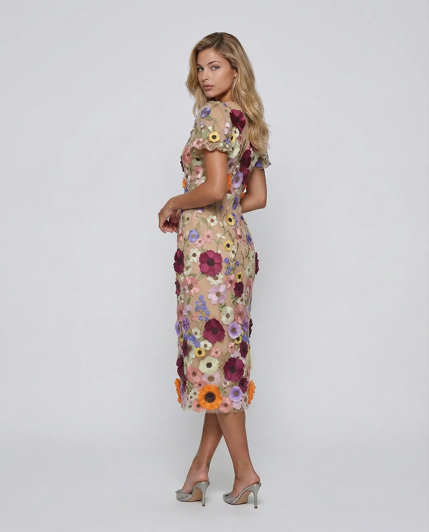 Elegant Floral Fall Wedding Guest Dress for Women with V Neck Puff Sleeve Bodycon Midi Formal Style