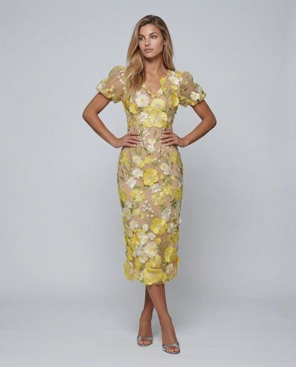 Elegant Floral Fall Wedding Guest Dress for Women with V Neck Puff Sleeve Bodycon Midi Formal Style