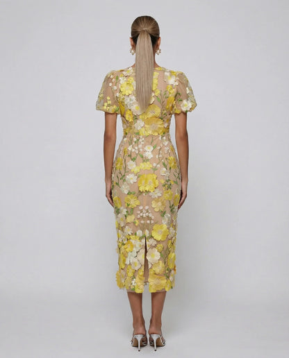 Elegant Floral Fall Wedding Guest Dress for Women with V Neck Puff Sleeve Bodycon Midi Formal Style