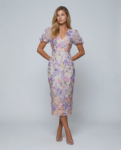 Elegant Floral Fall Wedding Guest Dress for Women with V Neck Puff Sleeve Bodycon Midi Formal Style