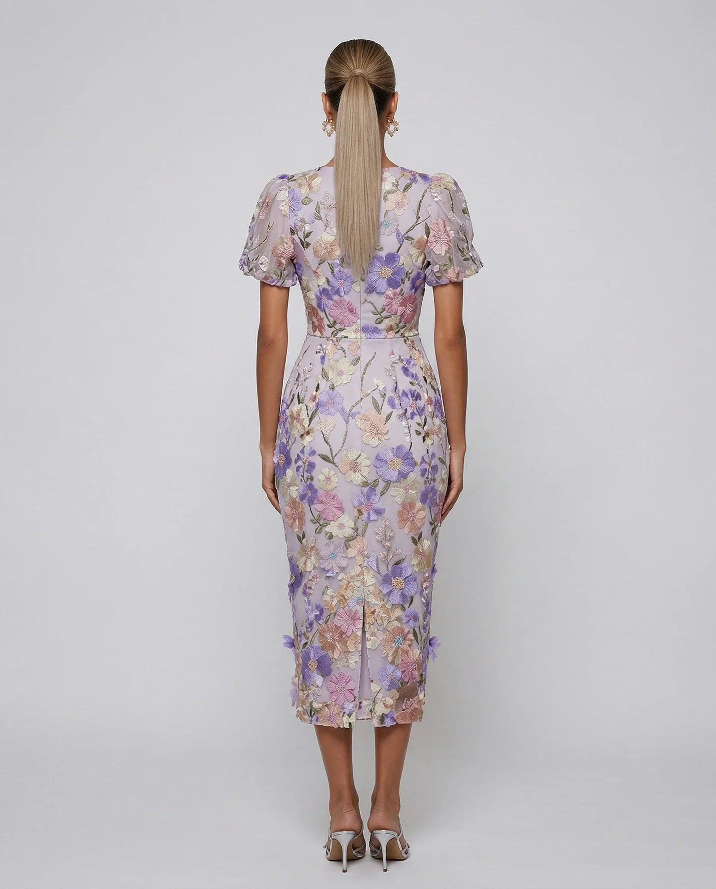 Elegant Floral Fall Wedding Guest Dress for Women with V Neck Puff Sleeve Bodycon Midi Formal Style