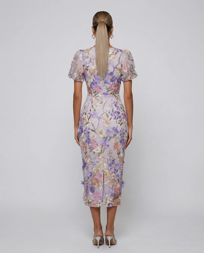 Elegant Floral Fall Wedding Guest Dress for Women with V Neck Puff Sleeve Bodycon Midi Formal Style
