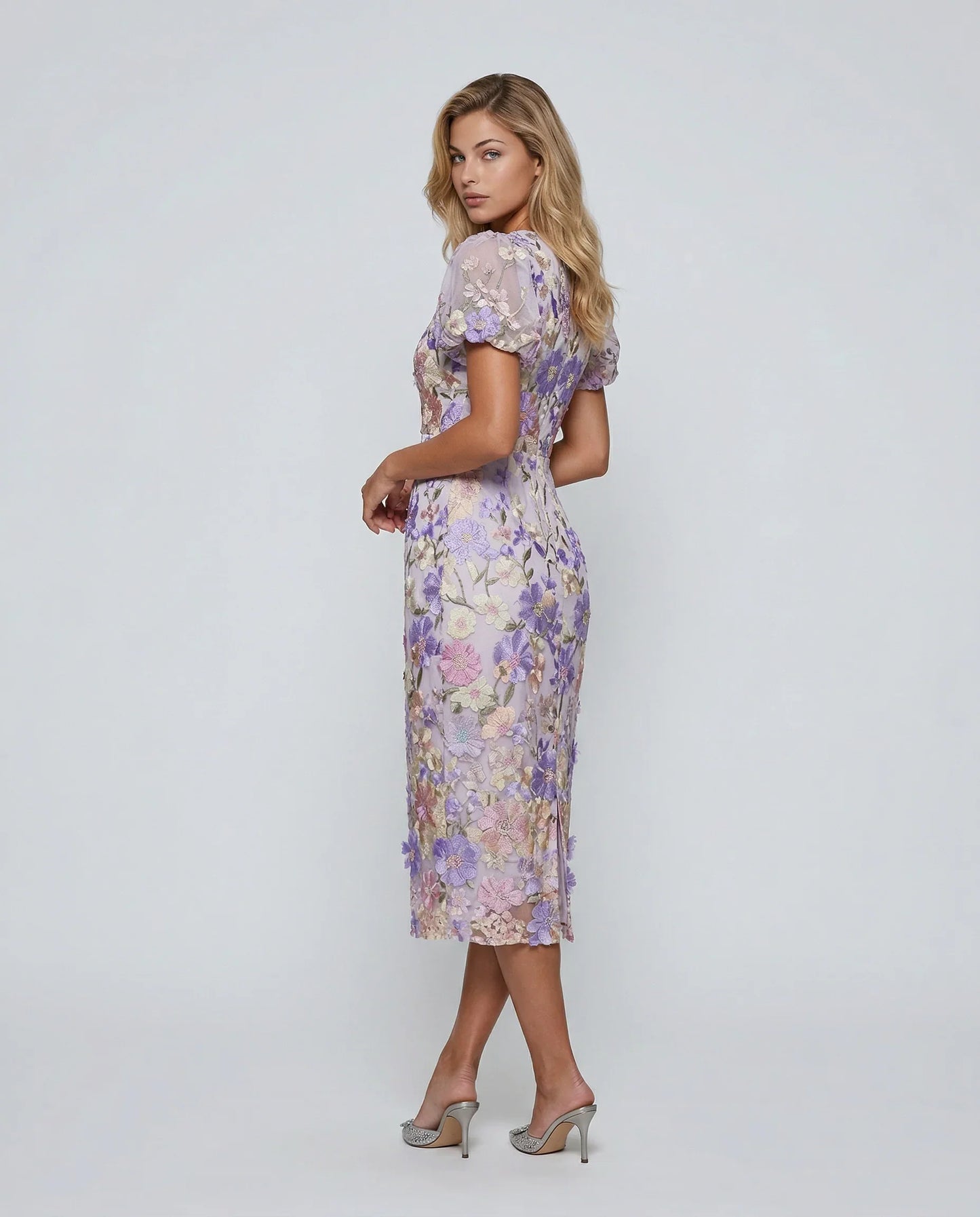 Elegant Floral Fall Wedding Guest Dress for Women with V Neck Puff Sleeve Bodycon Midi Formal Style