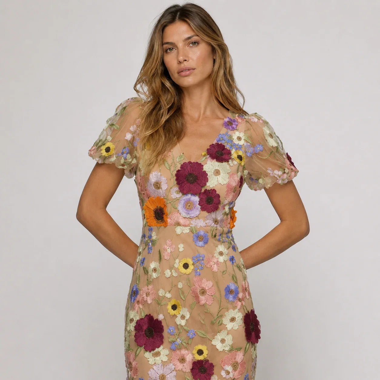 Elegant Floral Fall Wedding Guest Dress for Women with V Neck Puff Sleeve Bodycon Midi Formal Style