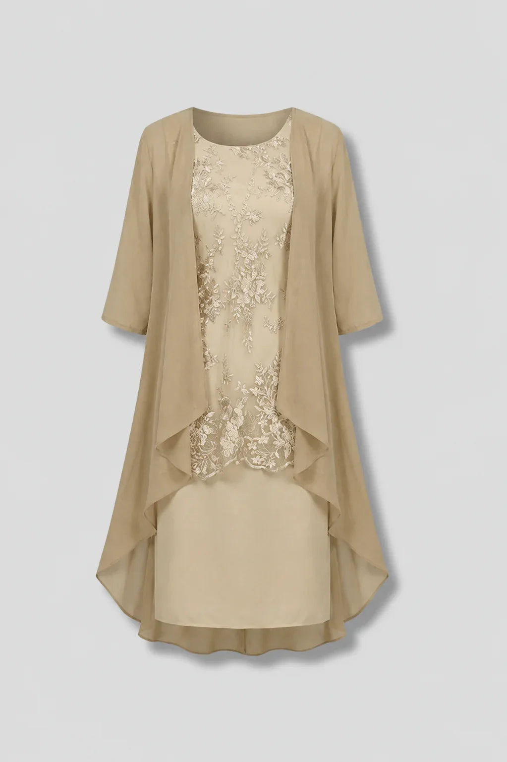 Elegant Champagne Fall Wedding Guest Dress for Women with Lace Overlay Chiffon Jacket Midi Formal Style