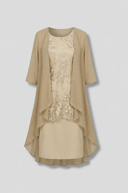 Elegant Champagne Fall Wedding Guest Dress for Women with Lace Overlay Chiffon Jacket Midi Formal Style