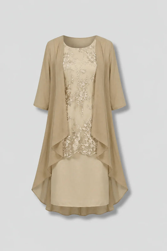 Elegant Champagne Fall Wedding Guest Dress for Women with Lace Overlay Chiffon Jacket Midi Formal Style