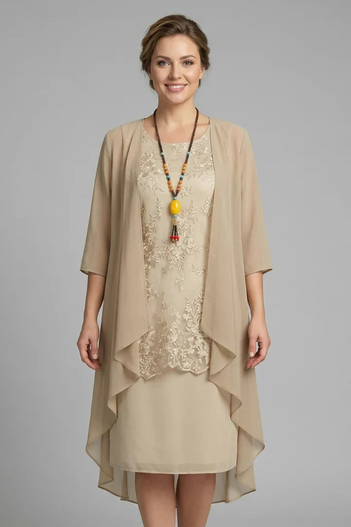 Elegant Champagne Fall Wedding Guest Dress for Women with Lace Overlay Chiffon Jacket Midi Formal Style