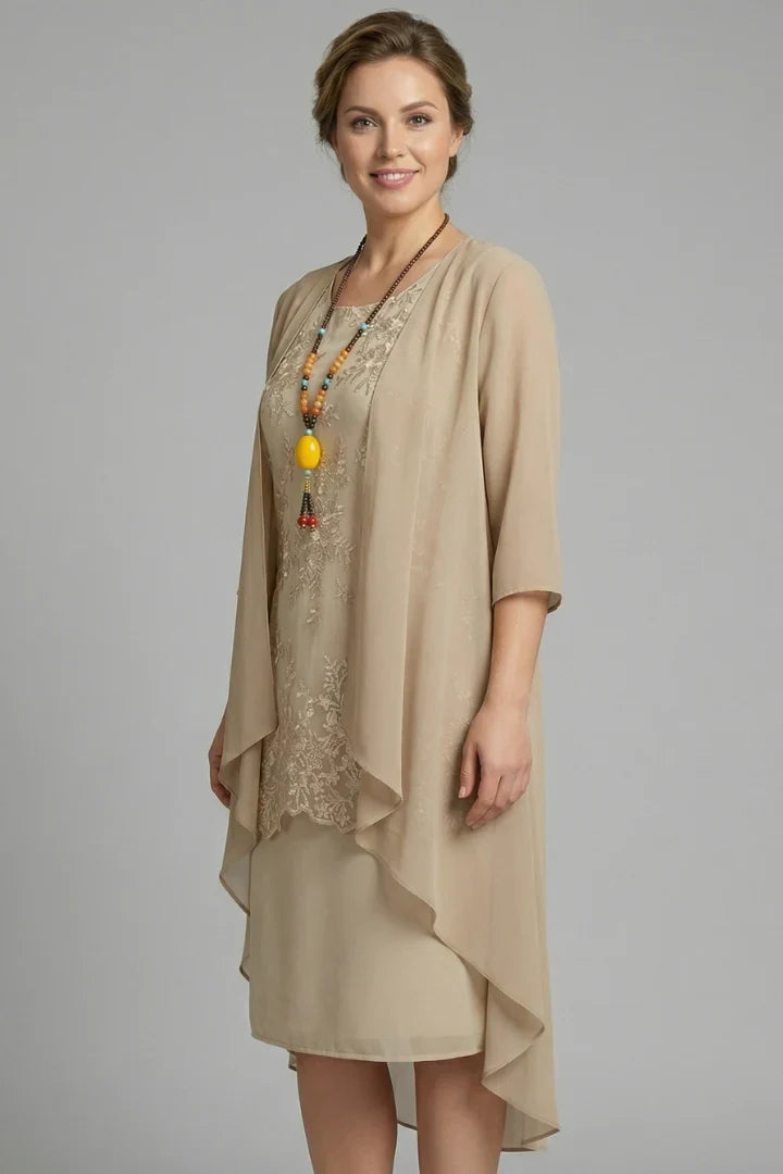 Elegant Champagne Fall Wedding Guest Dress for Women with Lace Overlay Chiffon Jacket Midi Formal Style