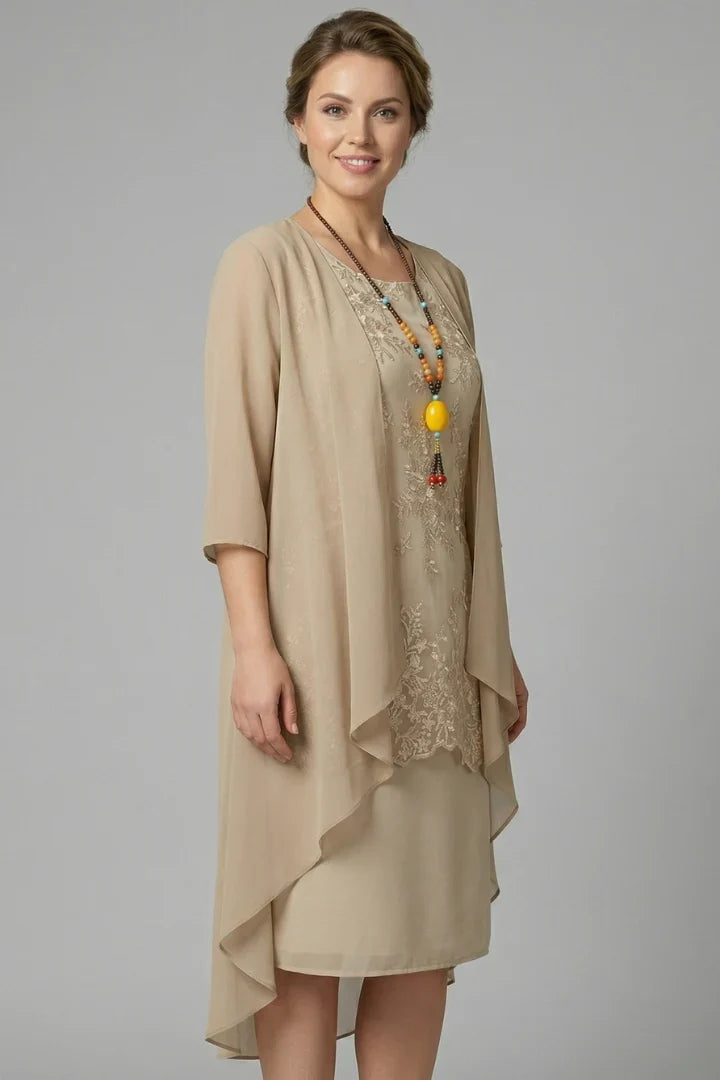 Elegant Champagne Fall Wedding Guest Dress for Women with Lace Overlay Chiffon Jacket Midi Formal Style