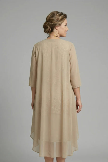 Elegant Champagne Fall Wedding Guest Dress for Women with Lace Overlay Chiffon Jacket Midi Formal Style