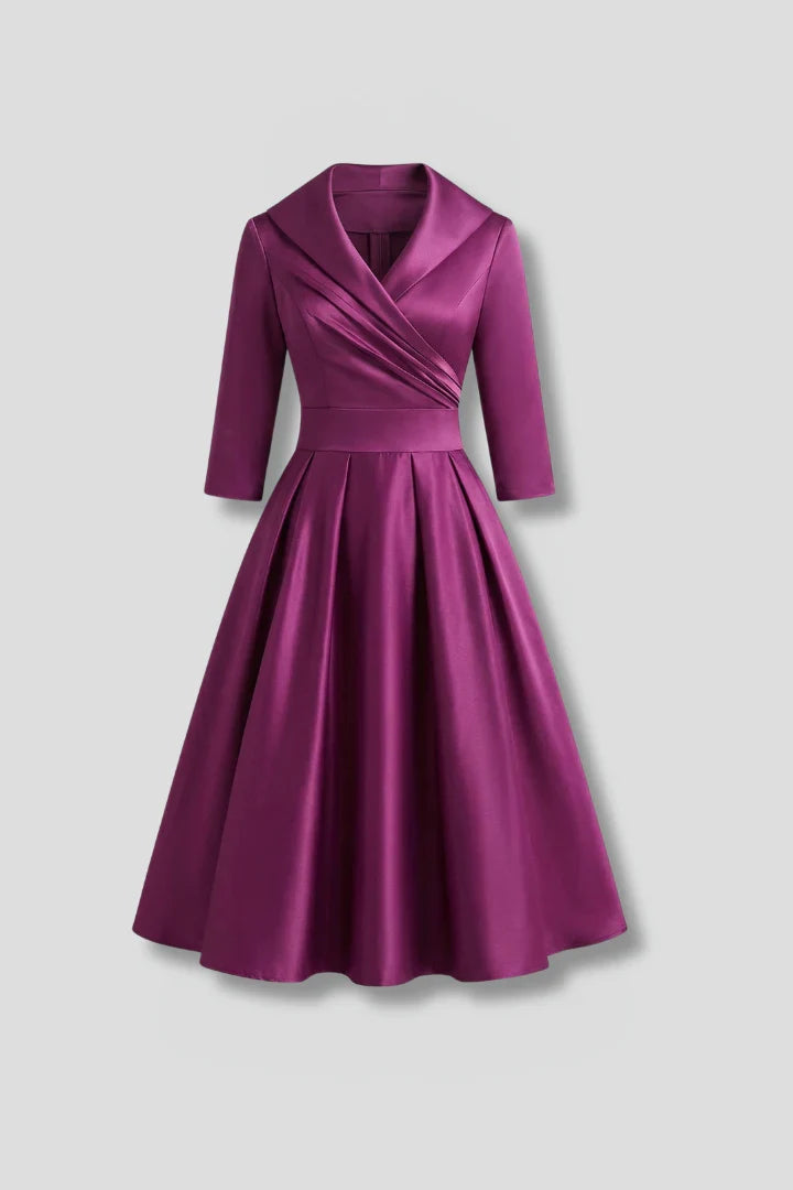 Elegant Satin Autumn Wedding Guest Dress for Women with Shawl Collar Three Quarter Sleeve Wrap Front Fit and Flare Style