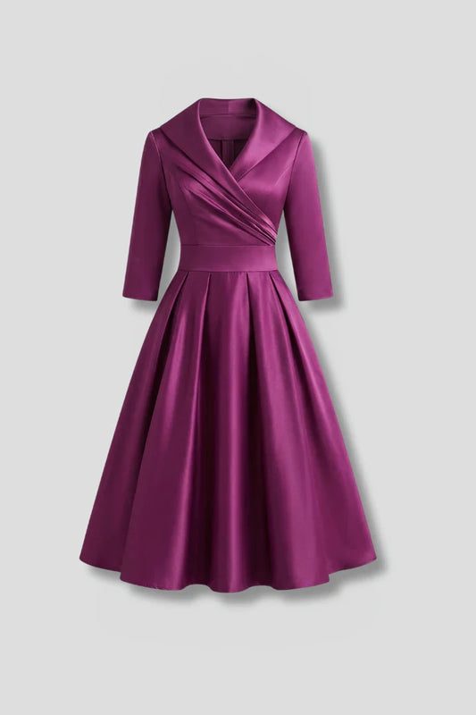 Elegant Satin Autumn Wedding Guest Dress for Women with Shawl Collar Three Quarter Sleeve Wrap Front Fit and Flare Style