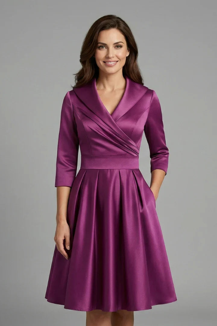 Elegant Satin Autumn Wedding Guest Dress for Women with Shawl Collar Three Quarter Sleeve Wrap Front Fit and Flare Style