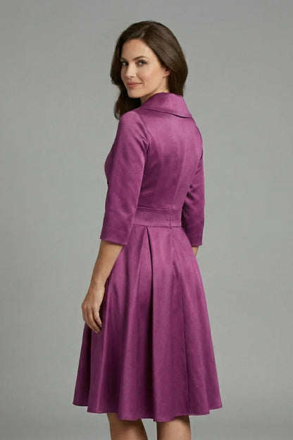 Elegant Satin Autumn Wedding Guest Dress for Women with Shawl Collar Three Quarter Sleeve Wrap Front Fit and Flare Style