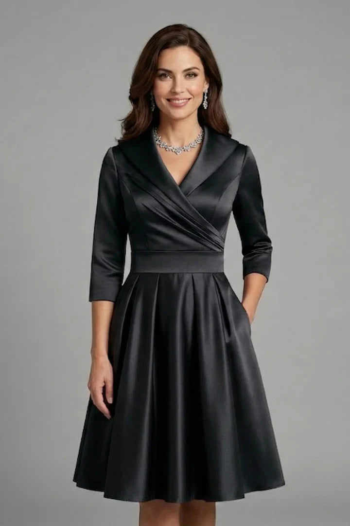 Elegant Satin Autumn Wedding Guest Dress for Women with Shawl Collar Three Quarter Sleeve Wrap Front Fit and Flare Style