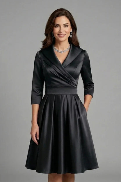 Elegant Satin Autumn Wedding Guest Dress for Women with Shawl Collar Three Quarter Sleeve Wrap Front Fit and Flare Style