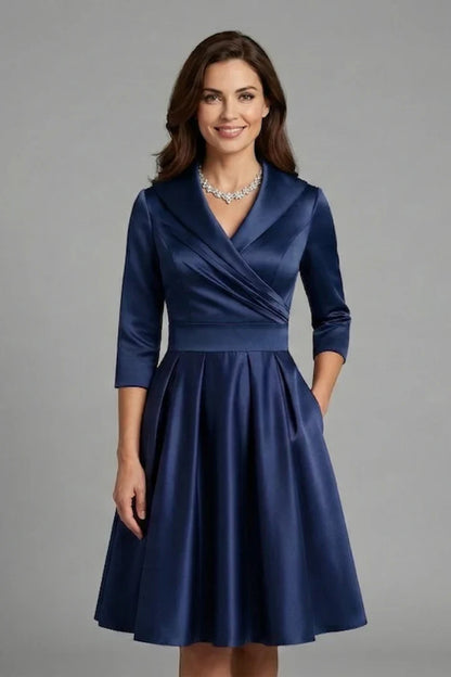 Elegant Satin Autumn Wedding Guest Dress for Women with Shawl Collar Three Quarter Sleeve Wrap Front Fit and Flare Style