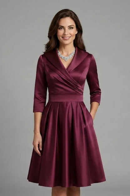 Elegant Satin Autumn Wedding Guest Dress for Women with Shawl Collar Three Quarter Sleeve Wrap Front Fit and Flare Style