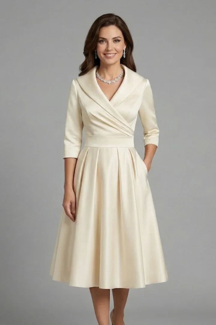 Elegant Satin Autumn Wedding Guest Dress for Women with Shawl Collar Three Quarter Sleeve Wrap Front Fit and Flare Style