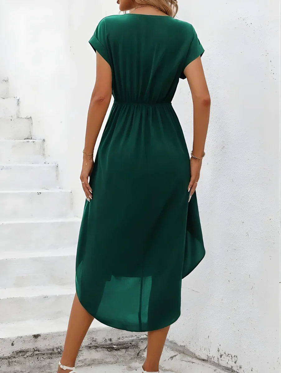 Elegant Green Wrap Fall Wedding Guest Dress for Women with V Neck Cap Sleeve Tulip Hem Flowing Style