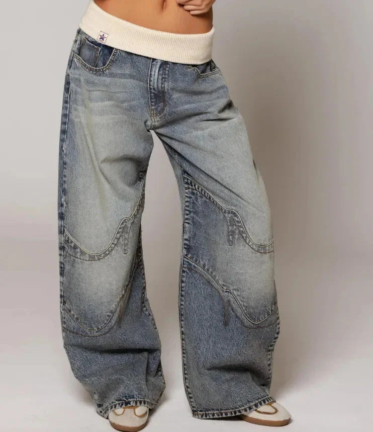 Effortless Light Blue Denim Wide Leg Jeans for Women with Ribbed Knit Waistband Low Rise Baggy Relaxed Style