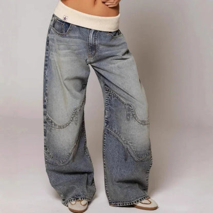 Effortless Light Blue Denim Wide Leg Jeans for Women with Ribbed Knit Waistband Low Rise Baggy Relaxed Style