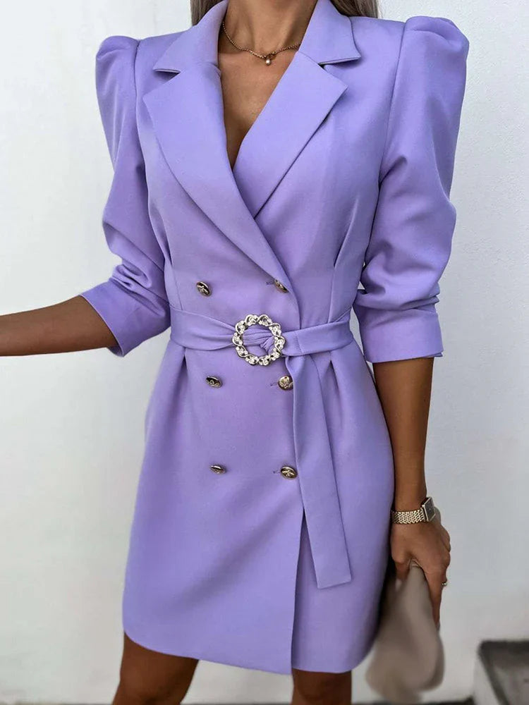 Elegant Belted Blazer Dress for Women with Notch Lapel Puff Sleeve Double Breasted Mini Style
