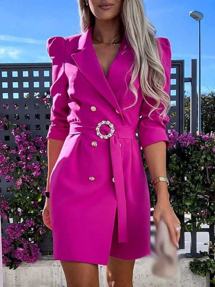 Elegant Belted Blazer Dress for Women with Notch Lapel Puff Sleeve Double Breasted Mini Style
