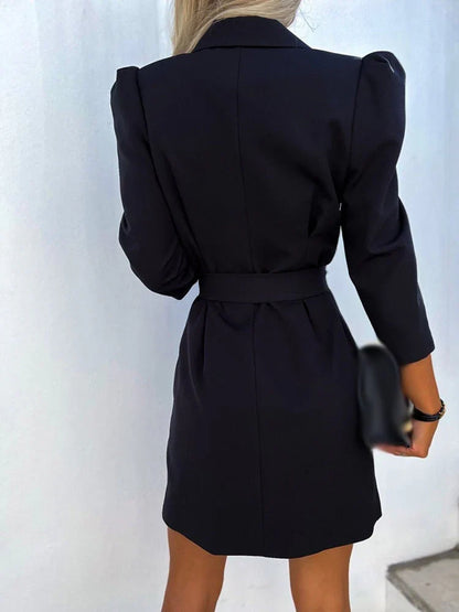 Elegant Belted Blazer Dress for Women with Notch Lapel Puff Sleeve Double Breasted Mini Style