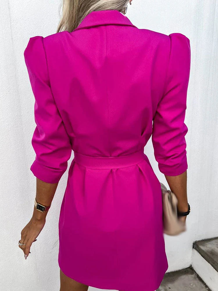 Elegant Belted Blazer Dress for Women with Notch Lapel Puff Sleeve Double Breasted Mini Style