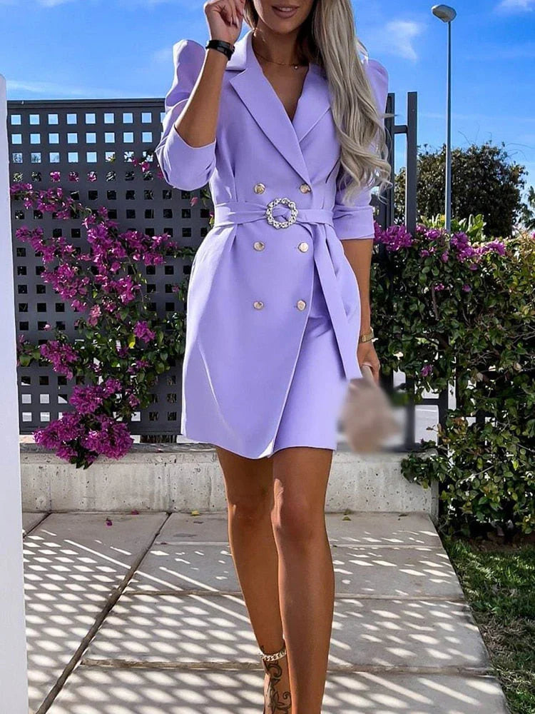 Elegant Belted Blazer Dress for Women with Notch Lapel Puff Sleeve Double Breasted Mini Style
