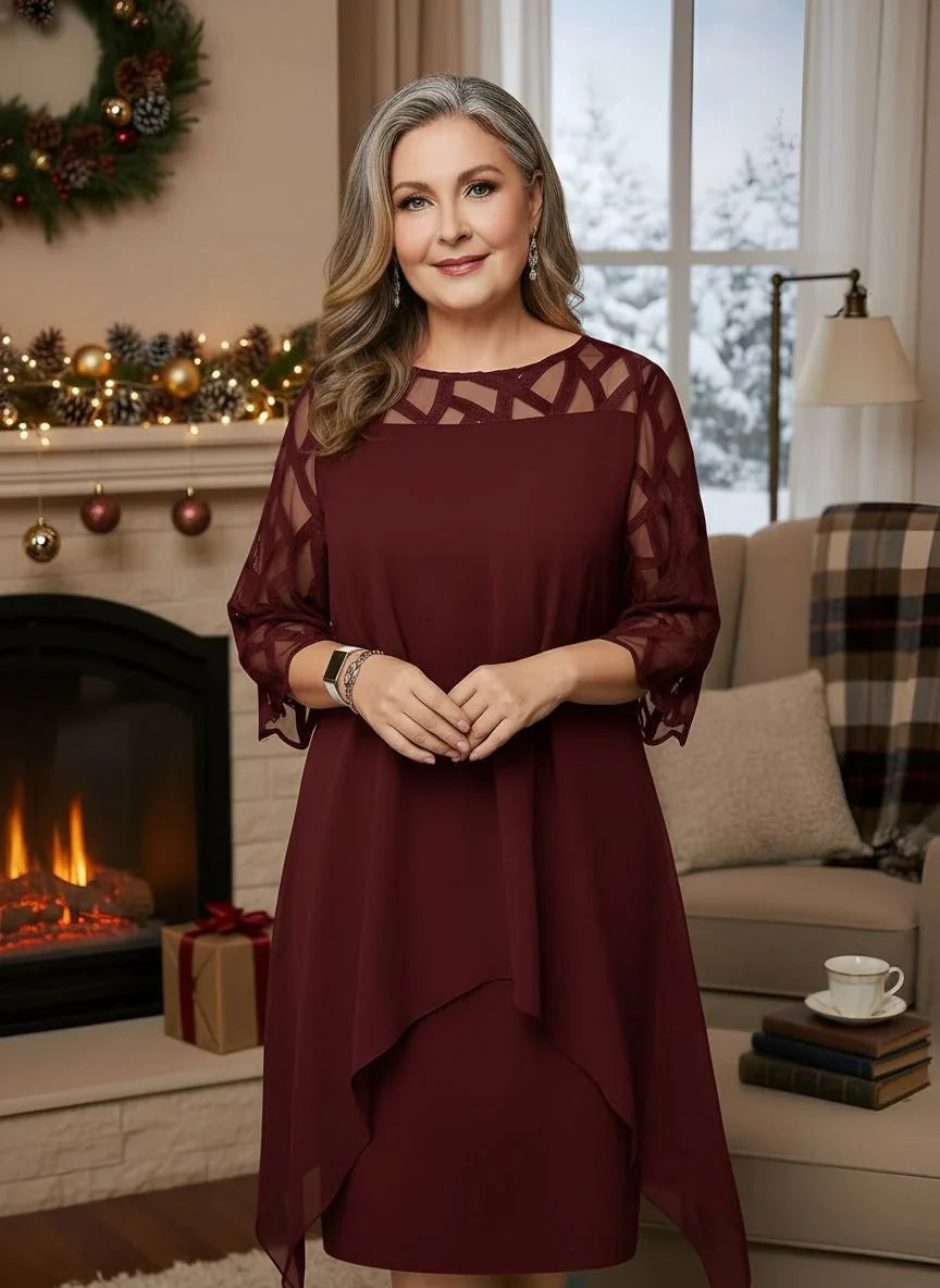 Elegant Burgundy Autumn Wedding Guest Dress for Women with Round Neck Illusion Sleeve Layered Chiffon Midi Formal Style