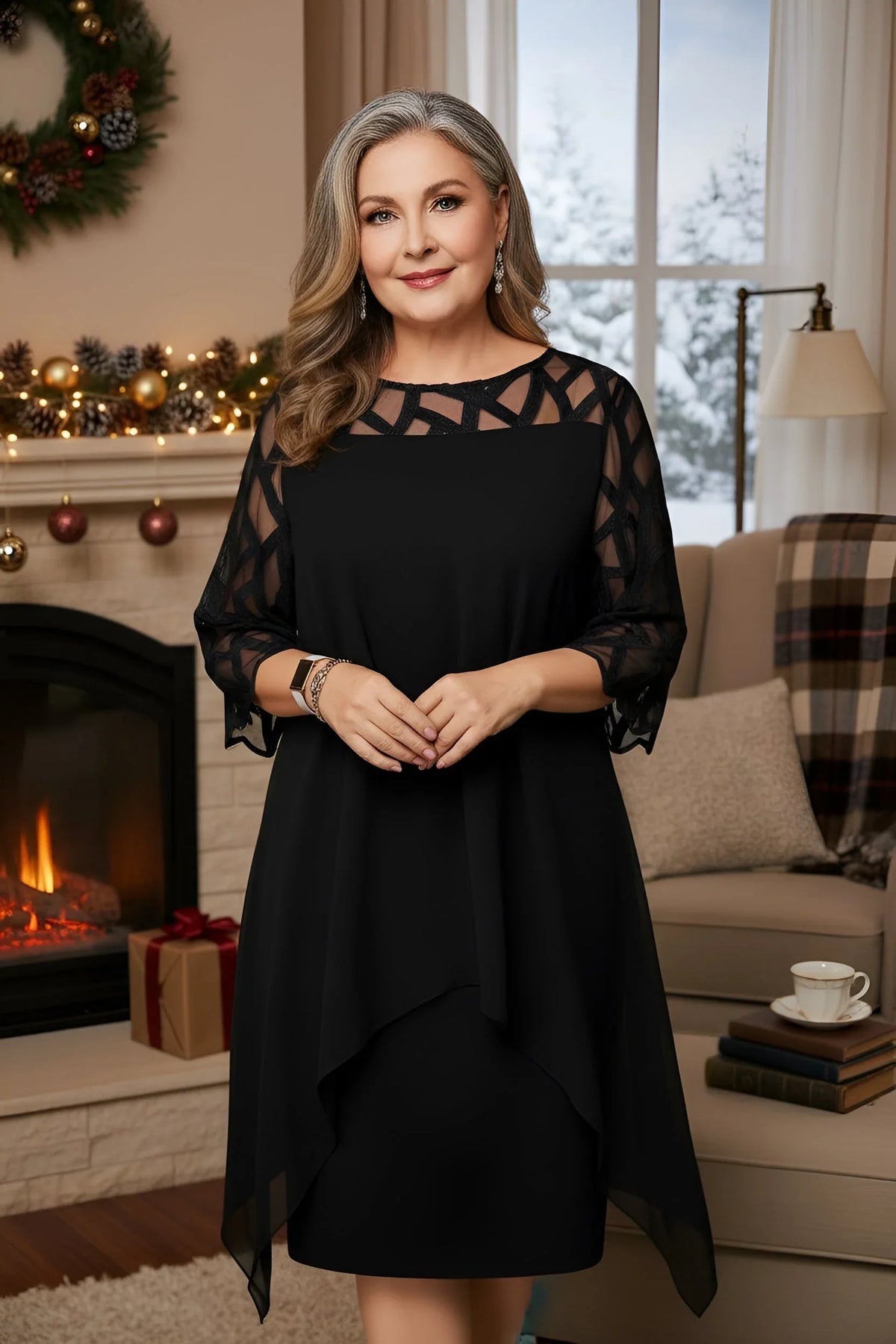 Elegant Burgundy Autumn Wedding Guest Dress for Women with Round Neck Illusion Sleeve Layered Chiffon Midi Formal Style