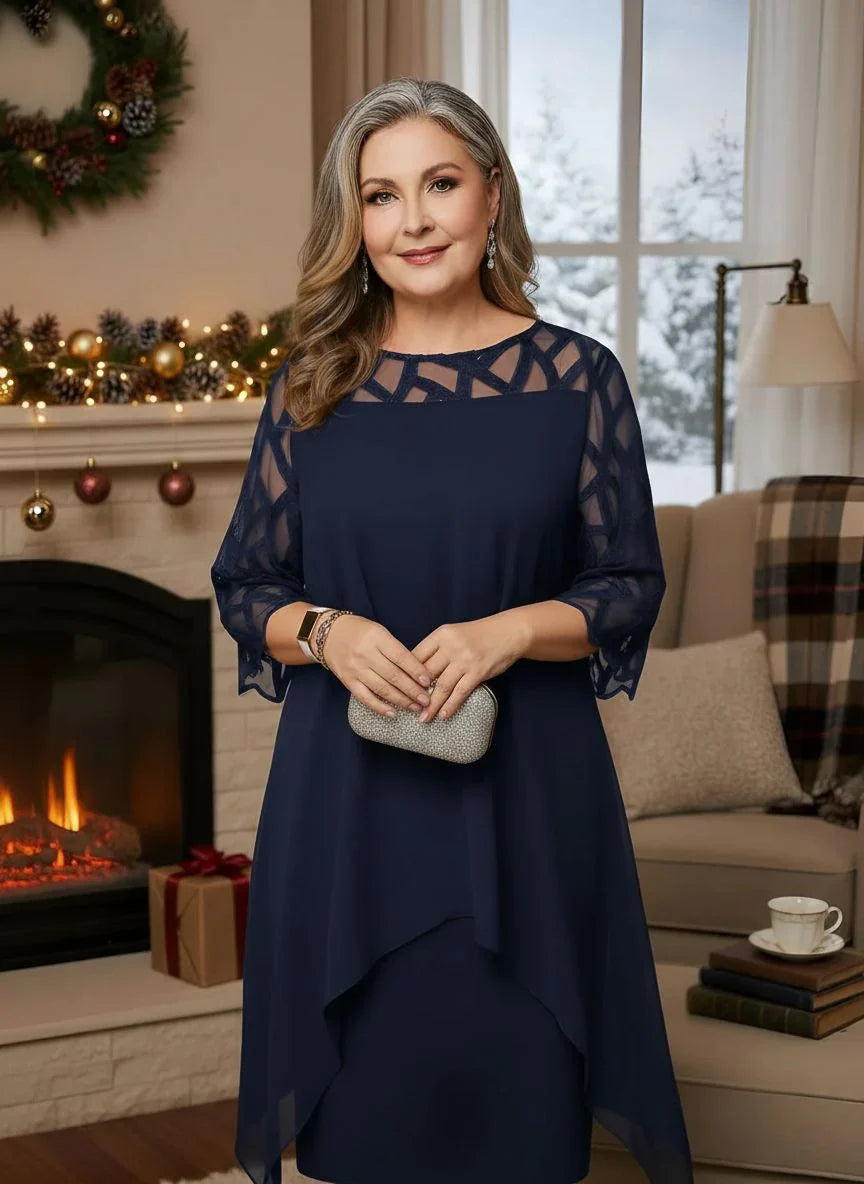 Elegant Burgundy Autumn Wedding Guest Dress for Women with Round Neck Illusion Sleeve Layered Chiffon Midi Formal Style