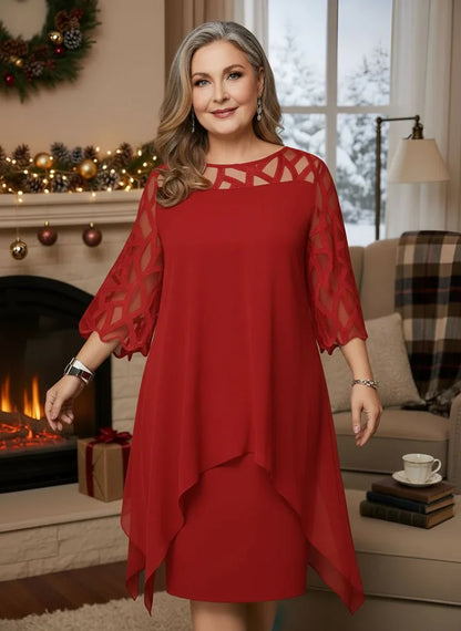 Elegant Burgundy Autumn Wedding Guest Dress for Women with Round Neck Illusion Sleeve Layered Chiffon Midi Formal Style