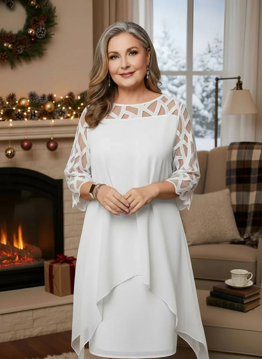 Elegant Burgundy Autumn Wedding Guest Dress for Women with Round Neck Illusion Sleeve Layered Chiffon Midi Formal Style